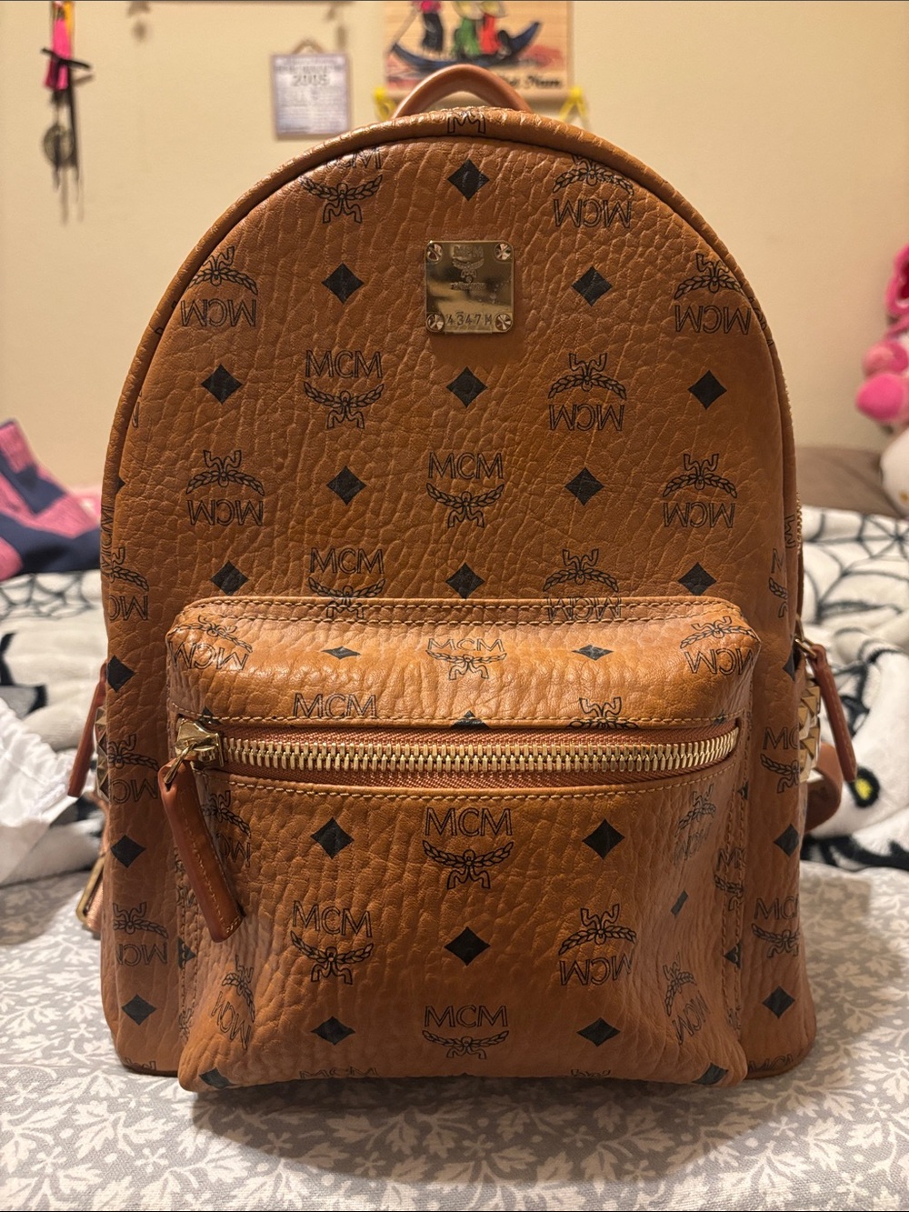 Authentic MCM Stark Side Studs Backpack Cognac Visetos Brown Medium - Pristine